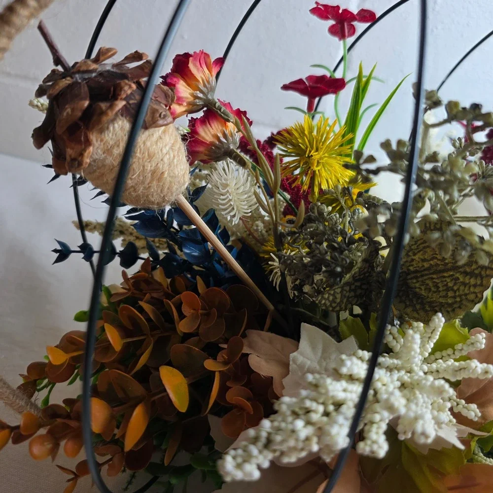 Rustic Fall Wire 3D Pumpkin Centerpiece Faux Florals Flameless Candle